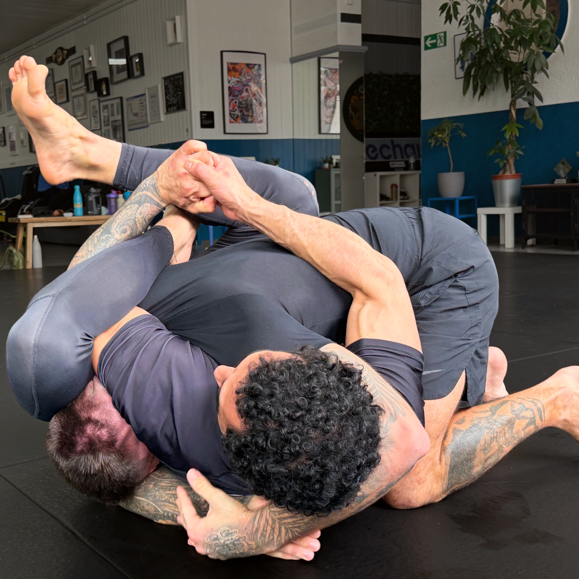 Cours de No-Gi à Lausanne : deux pratiquants en rashguard et short travaillent un contrôle au sol sans kimono à l'académie ATMA
